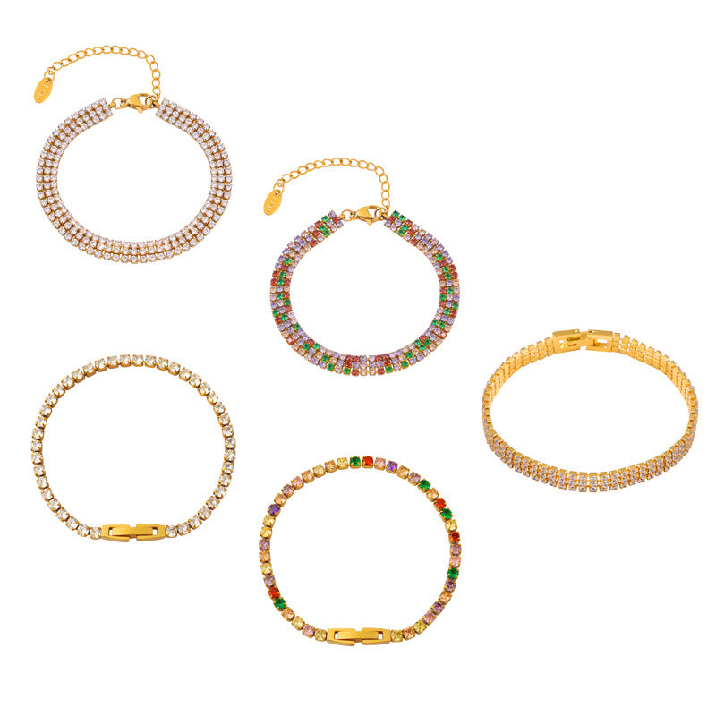 Wholesale Fashion Tennis Bracelet Titanium Steel Gold Plated Colorful Zircon Boutique Resale Jewelry