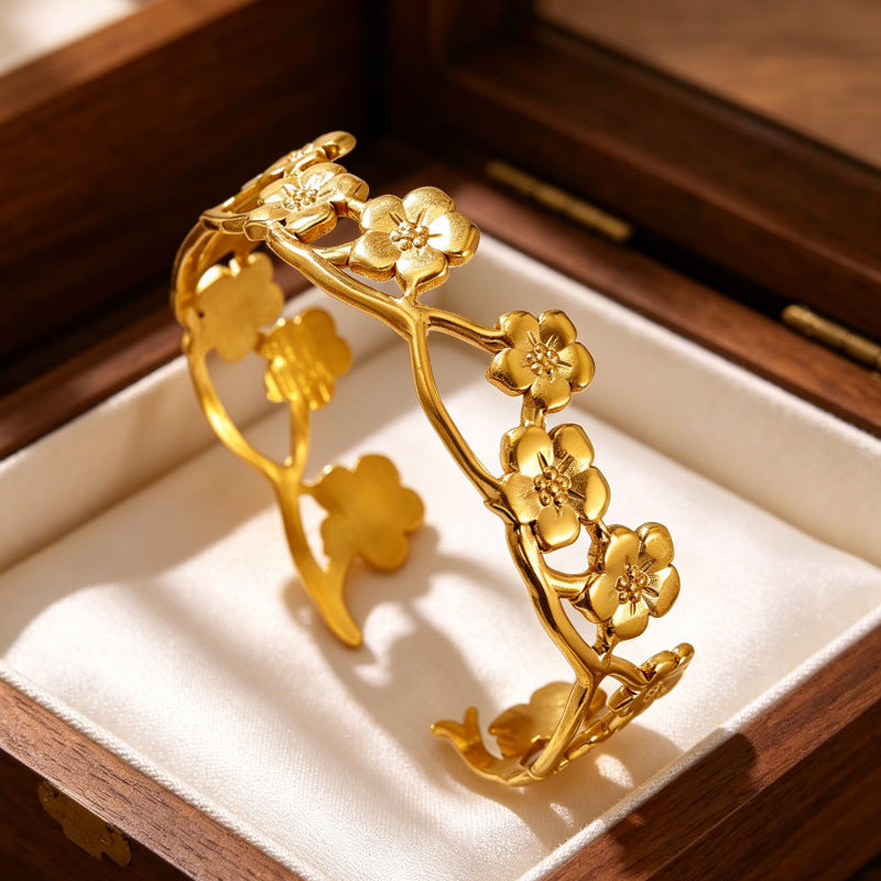 Wholesale Stainless Steel Electroplated Flower Open Cuff Bracelet - Trendy Boutique Resale Jewelry