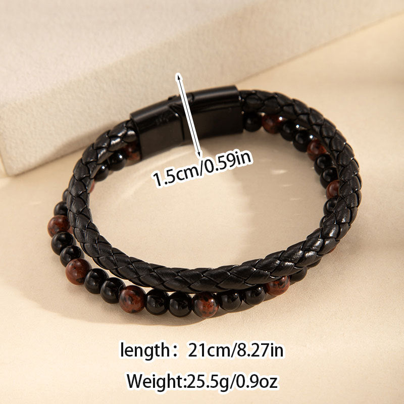 Wholesale Elegant Men S Handmade Multi Layer Cowhide Braided Bracelet With Volcanic Stone Stainless Steel Magnetic Clasp Fashion Accessory