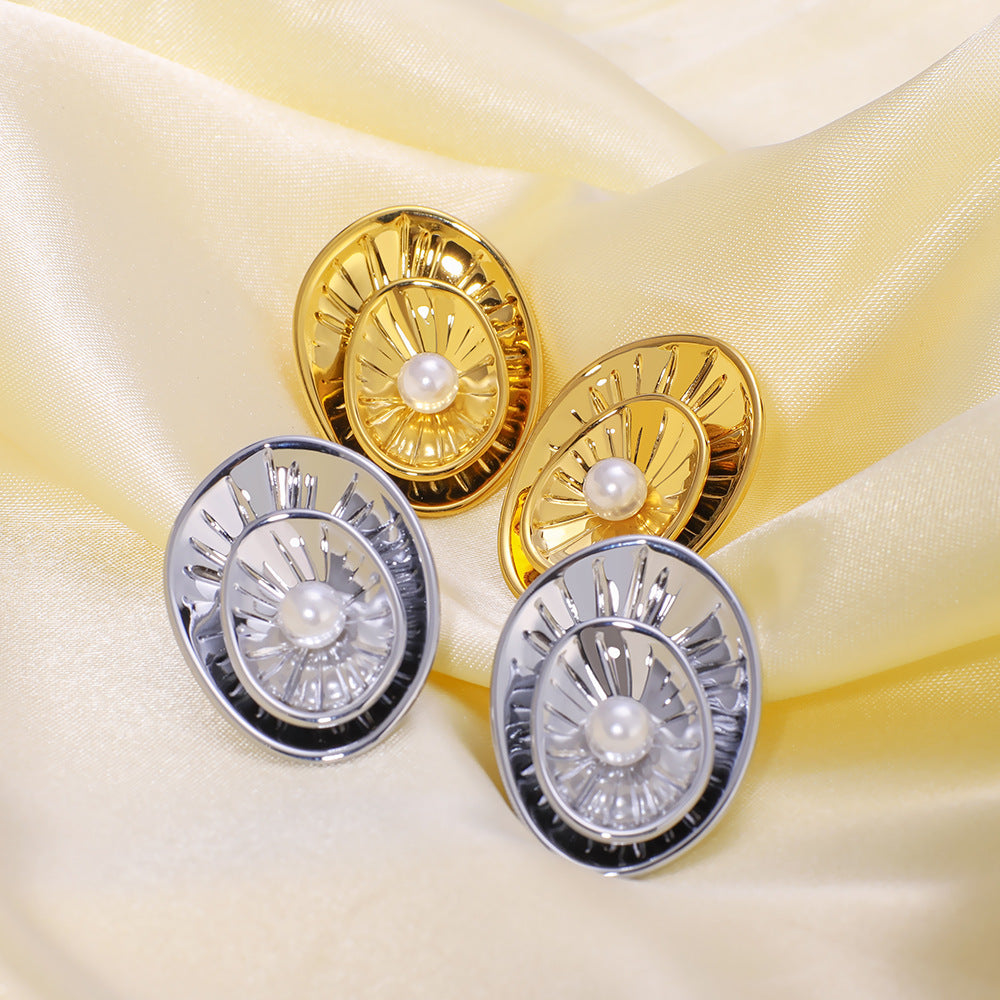 Wholesale double leaf geometric inlaid pearl stainless steel lotus leaf texture 18K gold earrings