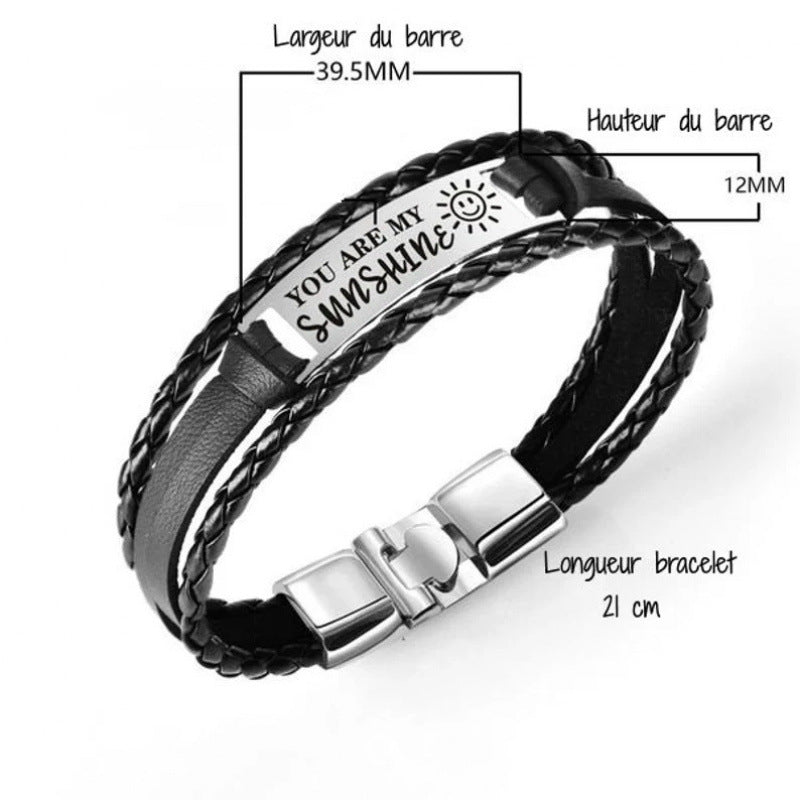 Wholesale Leather Steel Plate Bracelet,  Black Woven Steel Plate with Engraved Text,  Stainless Steel Tongue Clasp Leather Bracelet,  Three-Layer Leather Steel Plate Bracelet