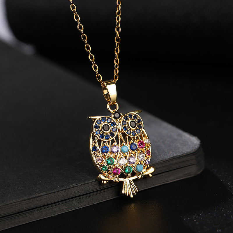 Wholesale Fashion Copper Zircon Owl Pendant Necklace For Women Electroplated Finish Everyday Jewelry Accessory