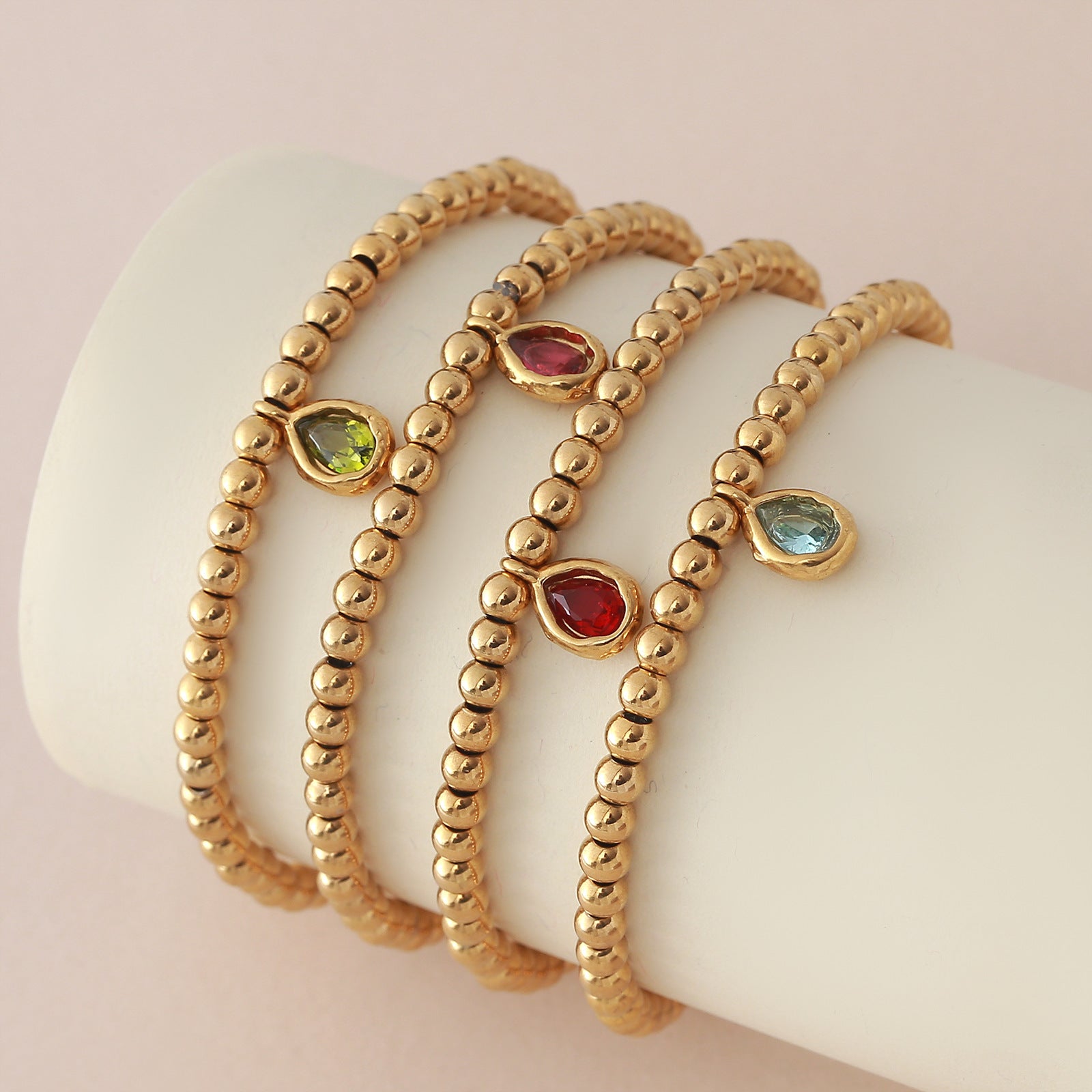 Wholesale Stainless steel birthstone colored zircon round bead chain