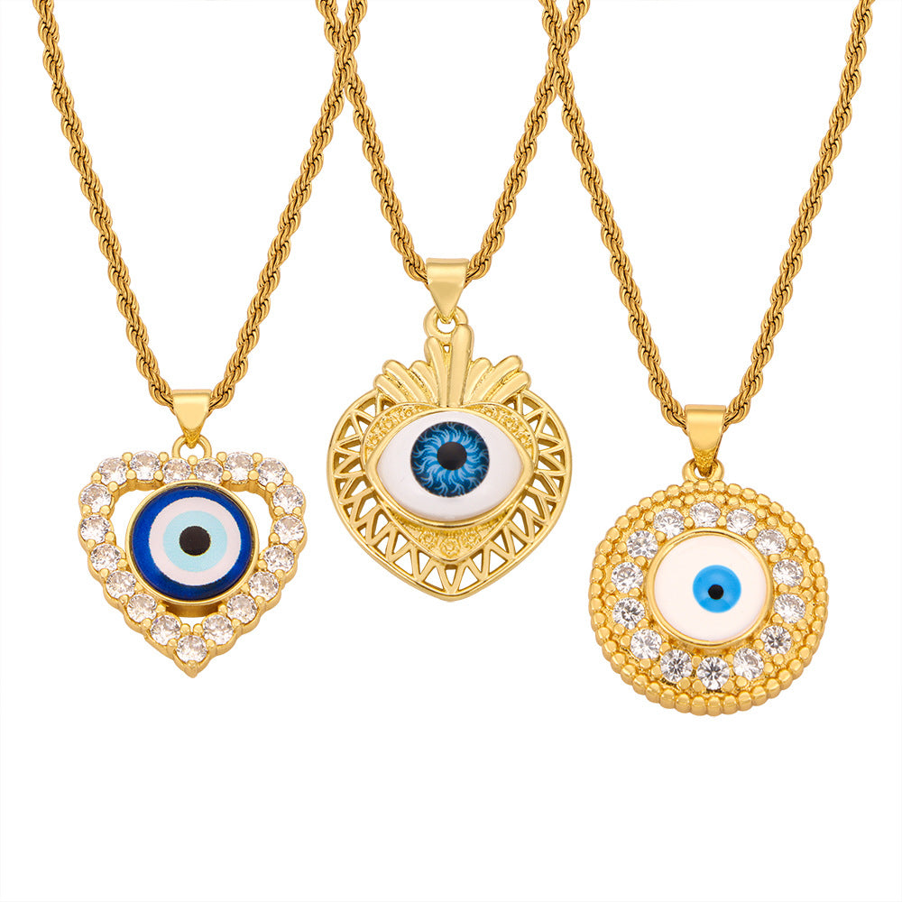 Wholesale Vintage Evil Eye Titanium Steel Gold Plated Diamond Hollow Pendant Necklace ACC-NE-MiLi006