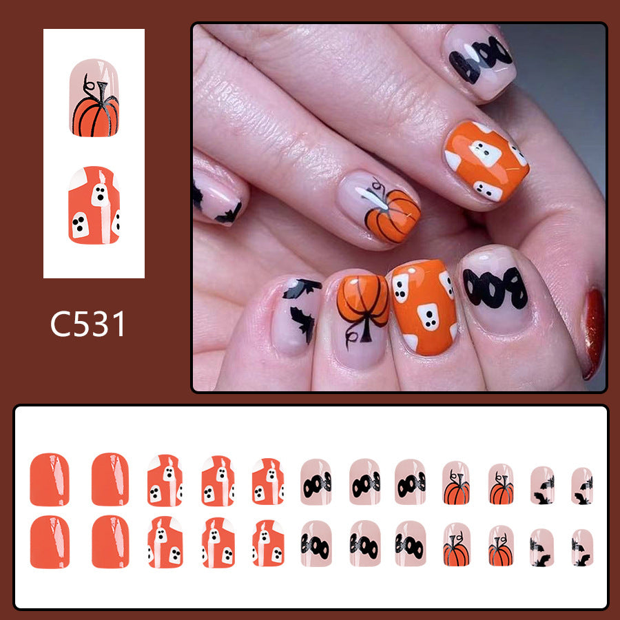 Wholesale 24 Pieces/box Halloween Pumpkin Ghost Bat Press-on Nails Kits Nail Stickers ACC-NS-GuaiXL084