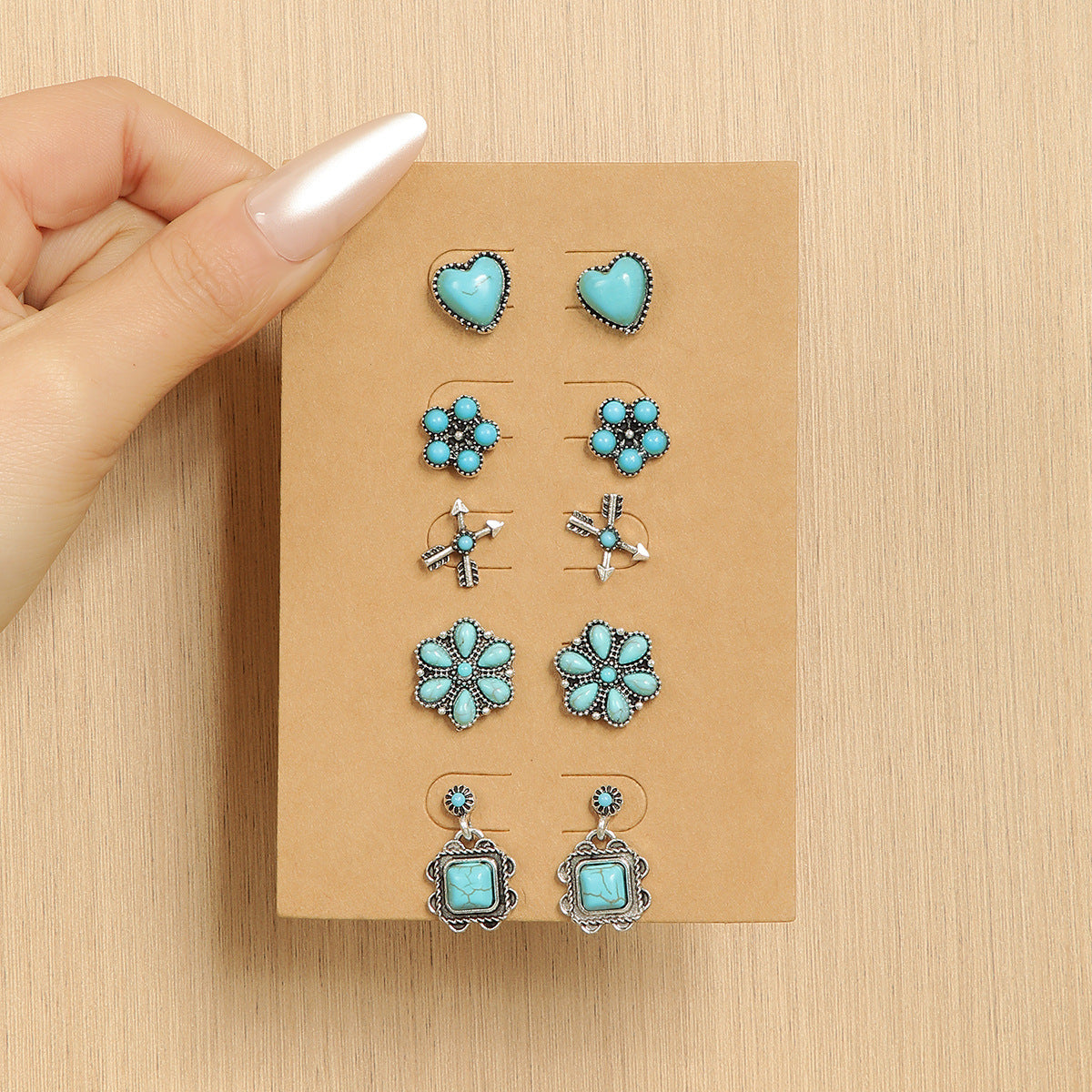 Wholesale retro western turquoise flower love earrings suit