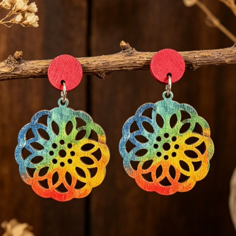 Wholesale Bohemian Rainbow Wood Earrings,  Retro Style Hollow Flower Dangles for Party Wear