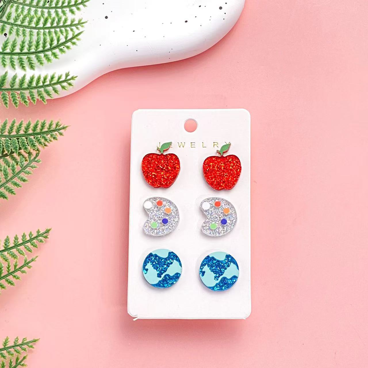 Wholesale Teachers' Day  Acrylic Earrings Cute Pencil Apple Earth Sketchpad  Earrings suit