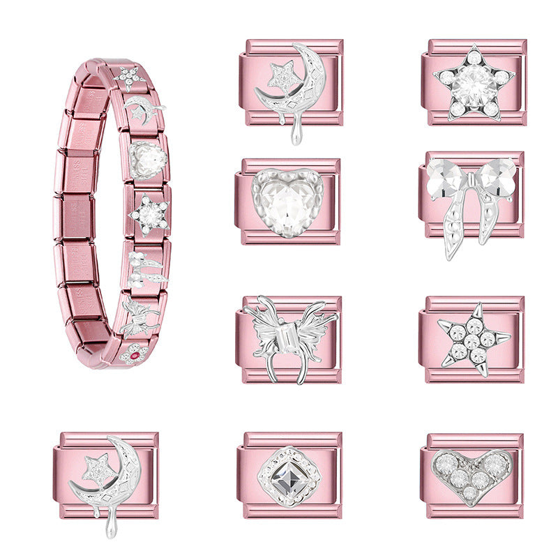 Wholesale 9mm Italian Charm Starter Bracelets pink series  DIY  Single Section Creative Stainless Steel Composable Bracelet