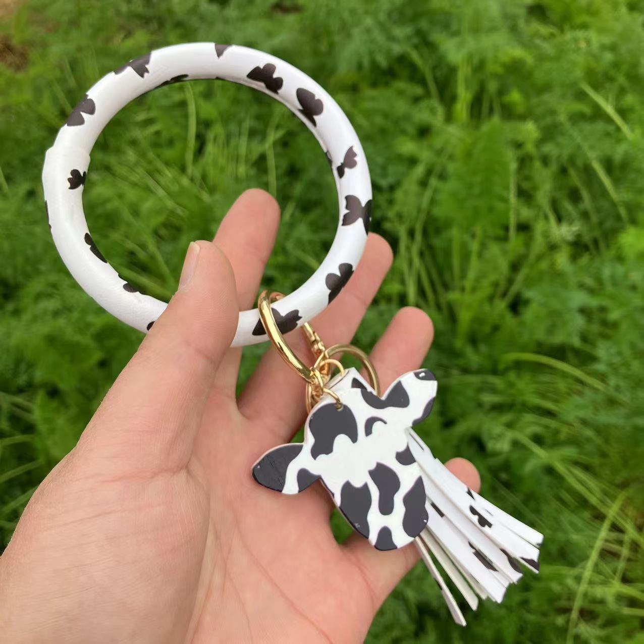 Wholesale Western Style Leopard Print Cow Print Cactus Leather Wristlet Keychain ACC-KC-QiuXue003