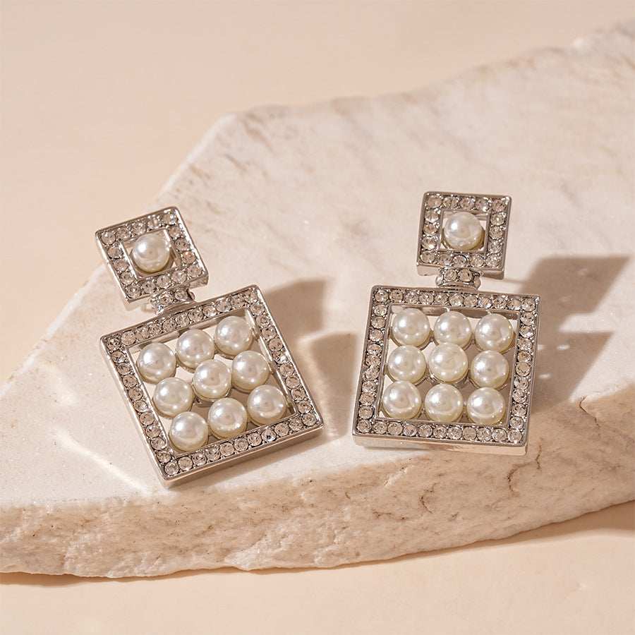 Wholesale Diamond Pearl Hollow Geometric Square Silver Needle Earrings