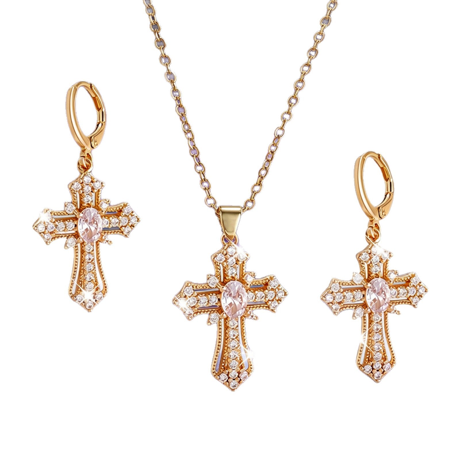 Wholesale Vintage Cross Pendant Necklace And Earring Jewelry Set With Rhinestone Details Fashion Jewelry Accessory For Party Wear And Gift
