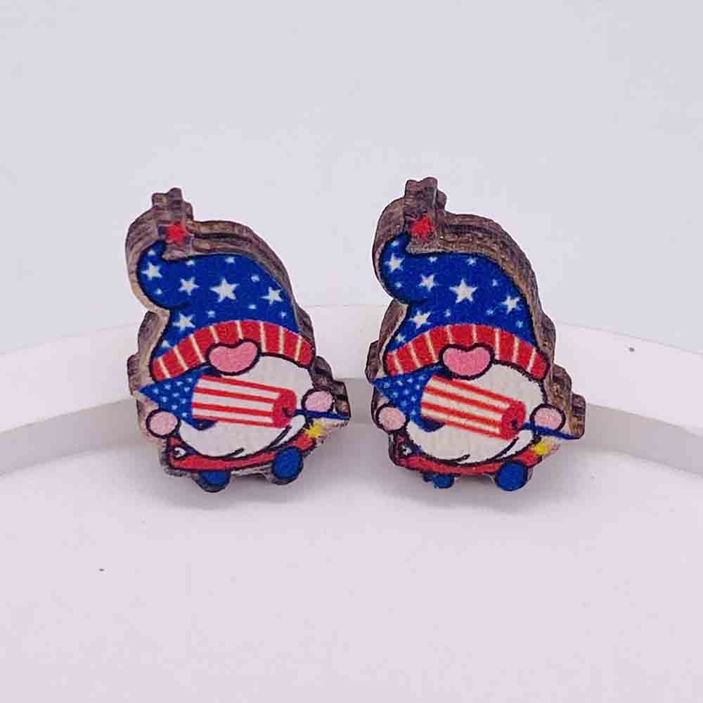 Wholesale American Flag Independence Day Wooden Stud Earrings Heart Shape Pentagram Sunflower Earrings ACC-ES-Cheny007