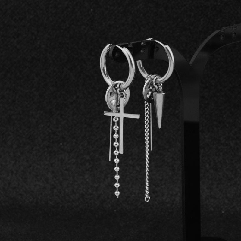 Wholesale Stainless steel men's earrings cross single steel color chain