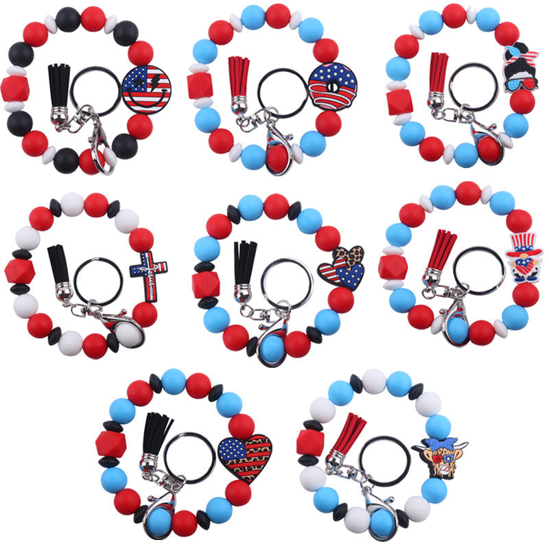 Wholesale Wristlet Keychain New Keychain Pendant Leather PU Short Tassel Silicone Beads Independence Day Bracelet Keychain ACC-KC-GuangTian037
