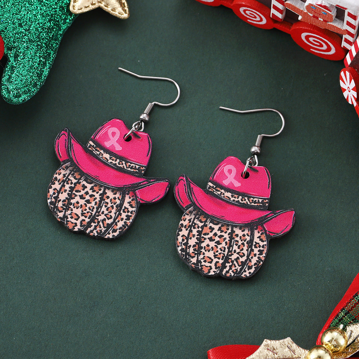 Wholesale Thanksgiving Hat Bow Leopard Print Pumpkin Wood Western Style Earrings ACC-ES-ChuLian078