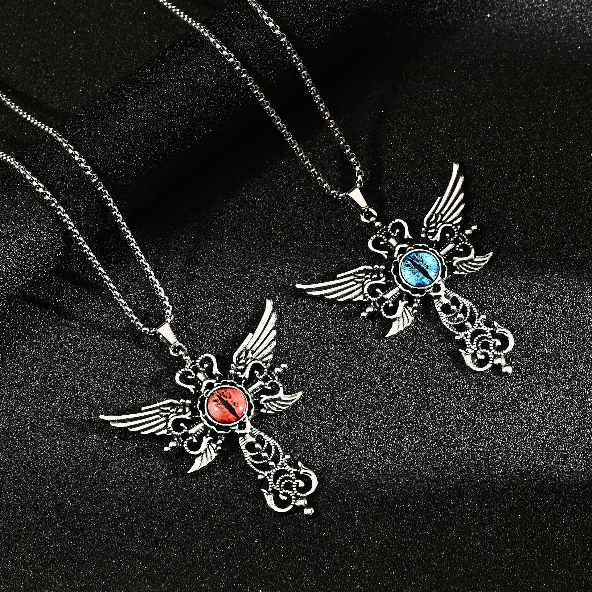 Wholesale Hip Hop Blue Demon Eye Wings Cross Pendant Necklace For Fashion Jewelry Accessory