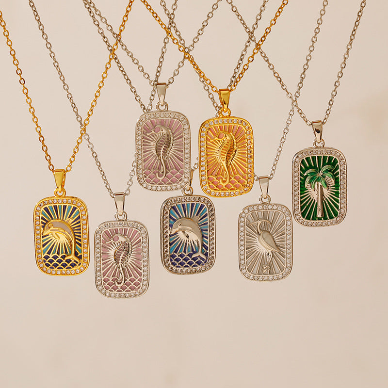 Wholesale Stainless steel Color Tarot Necklace Square Zirconium Pendant  Dolphin Brown Tree Marine  Clavicle Chain