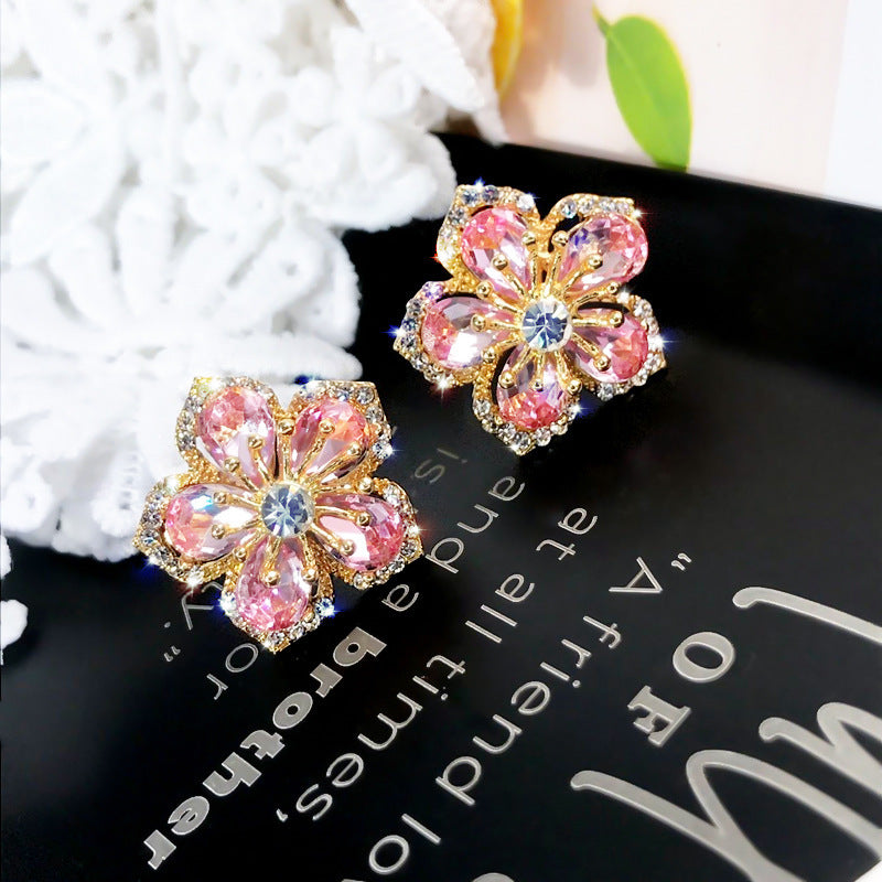 Wholesale colorful flower zircon earrings female creative full diamond petals  earrings