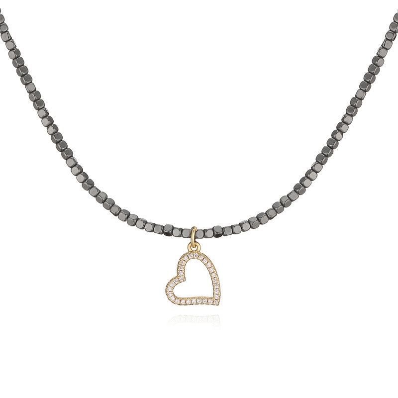 Wholesale Trendy Heart And Butterfly Pendant Necklace Black Gallstone Bead Chain With Copper Zircon Charm Gift And Boutique Resale Jewelry Accessory