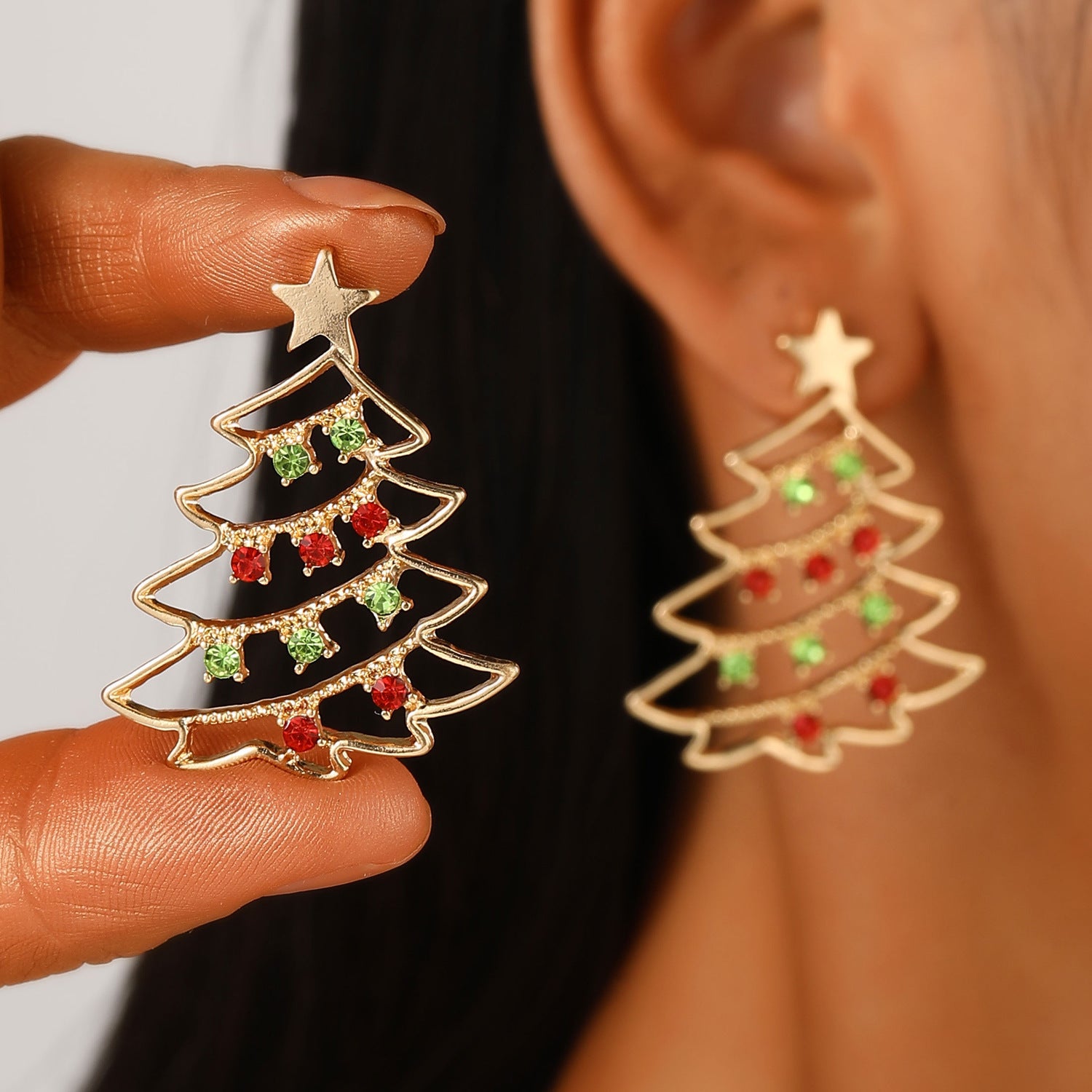 Wholesale Christmas Tree Earrings For Women Colorful Rhinestone Gold Tone Party Jewelry Gift
