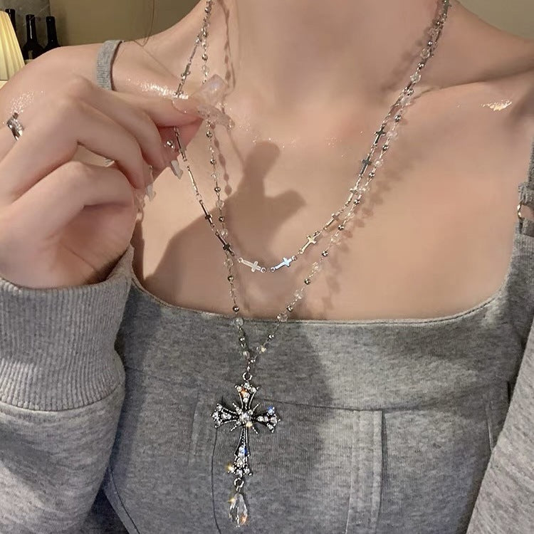 Wholesale Beaded Cross Necklace Long Layered Chain Y2K Women' s Fashion Jewelry Accessory Gift