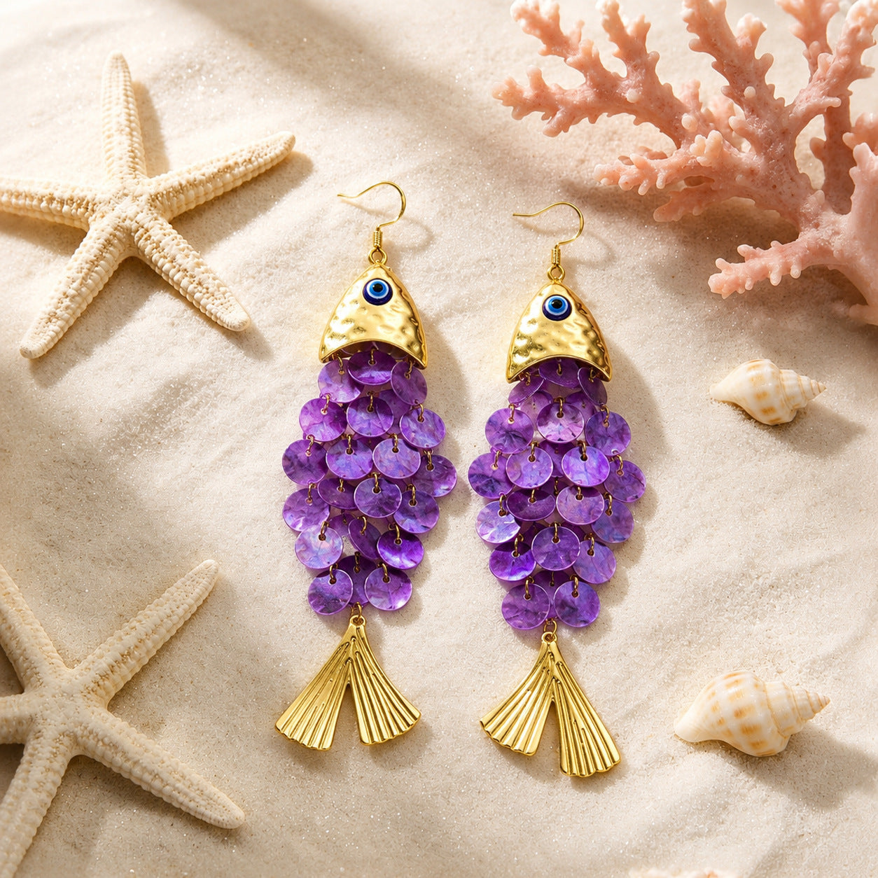 Wholesale Zinc Alloy Devil' s Eye Shell Fish Earrings - Retro Holiday Long Tassel Earrings for Resale Fashion Accessory
