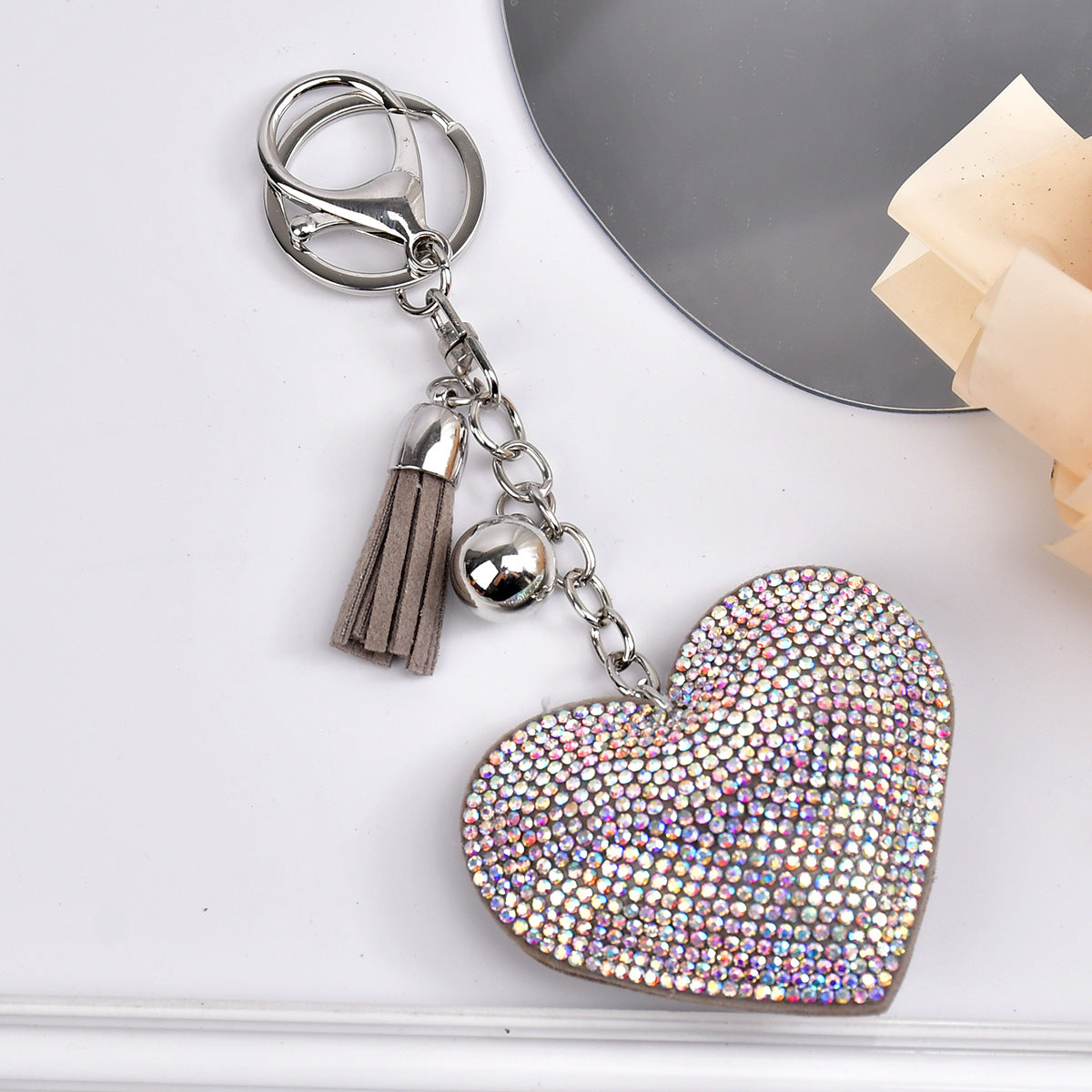 Wholesale  Peach Heart Rhinestone Leather Keychain