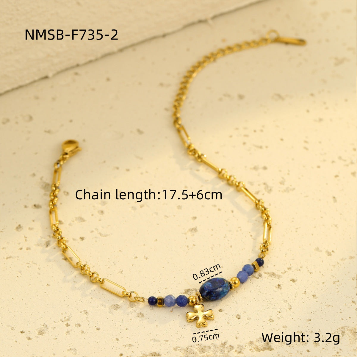 Wholesale  Stainless Steel Mineral Blue Gemstone Four-Leaf Clover Pendant Bracelet