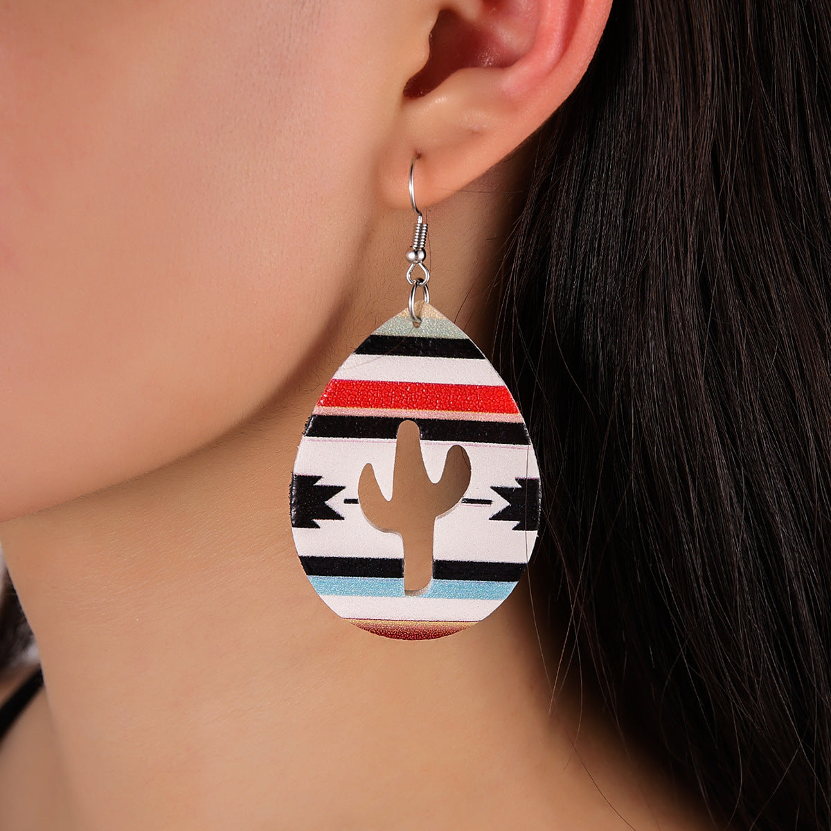 Wholesale Retro Western Style Colorful Hollow Cactus Print Leather Earrings