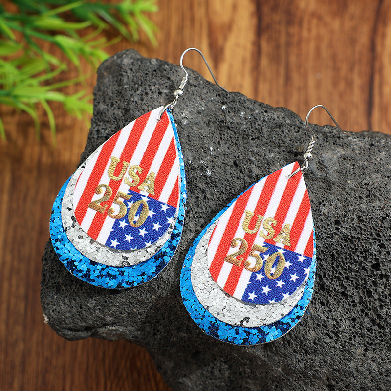 Wholesale American Flag Water Drop 250th Anniversary Party Earrings with Multi Layer Sequins