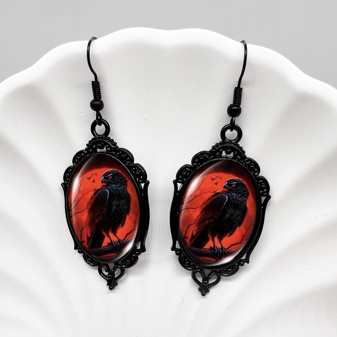Wholesale Halloween Crow Skull Oval Lace Witch Pumpkin Black Cat Moon Metal Earrings ACCVIP-ES-XiangLian006