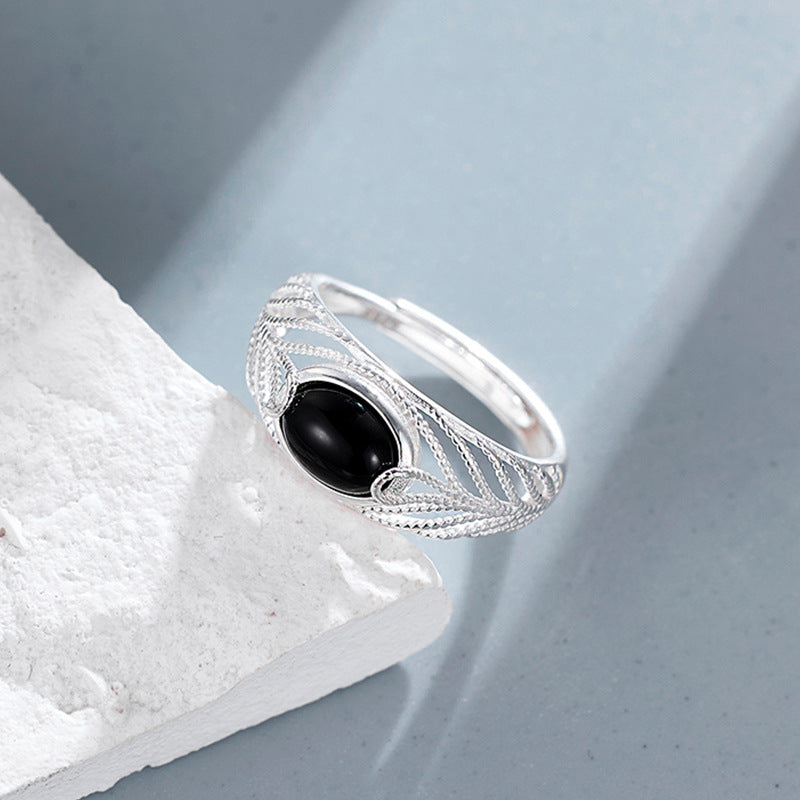 Wholesale S925 Sterling Silver Hollow out Black Agate Adjustable  Ring