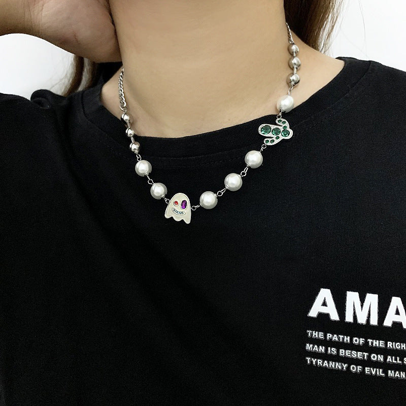 Wholesale Diamond-encrusted Funny Ghost Stitching Cactus Pearl Cuban Necklace