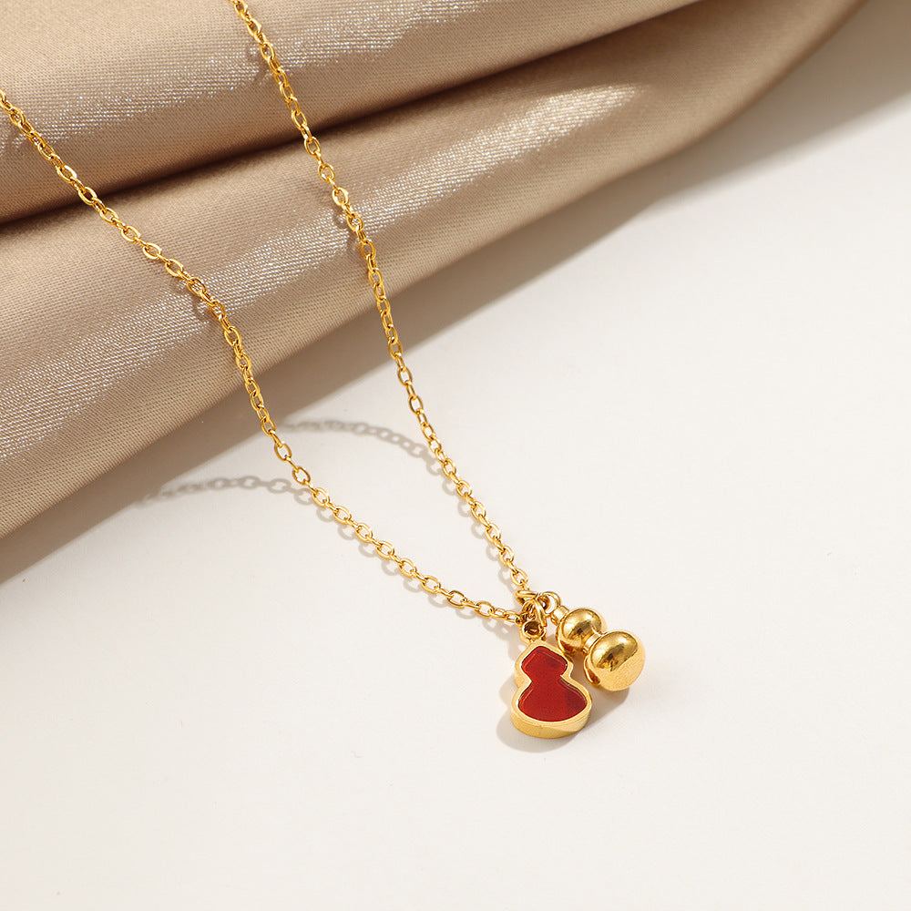 Wholesale Light Luxury High-End Red Gourd Necklace,  Retro Chinese Style Red Enamel Gourd Pendant,  Super White Clavicle Chain Necklace