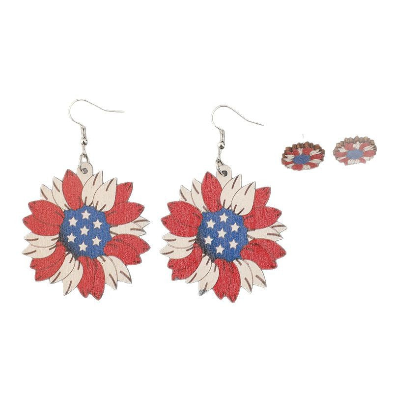 Wholesale Independence Day Red White Blue Flag Color Love Stars Big Flowers Wooden Earrings
