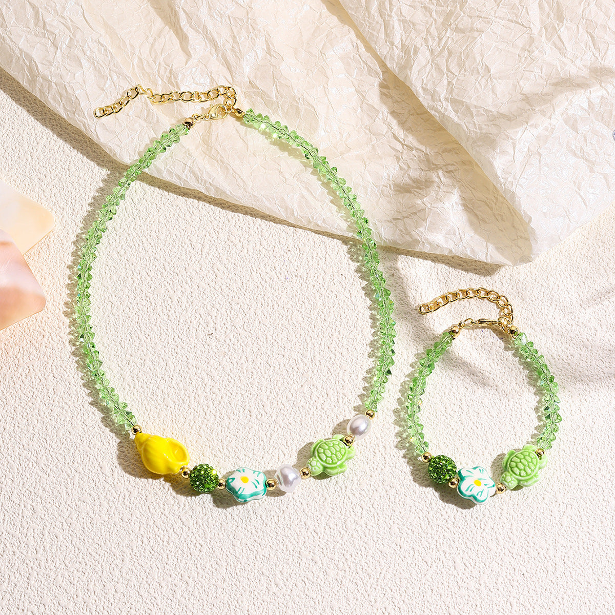 Wholesale Starfish shell necklace with marine resort style colorful crystal beaded necklace bracelet set