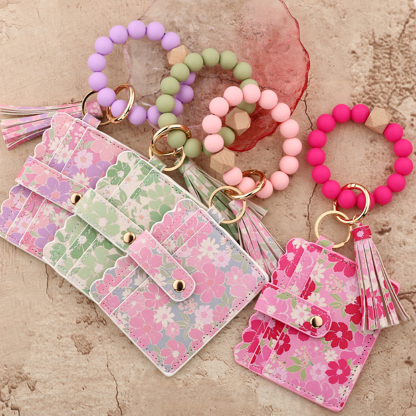 Wholesale silicone bead bracelet pink card holder Wristlet Keychain