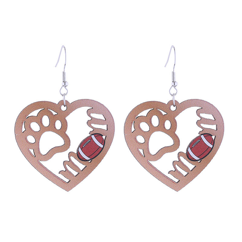 Wholesale Flame Super Rugby Baseball Sports Style Wooden Hollow Earrings