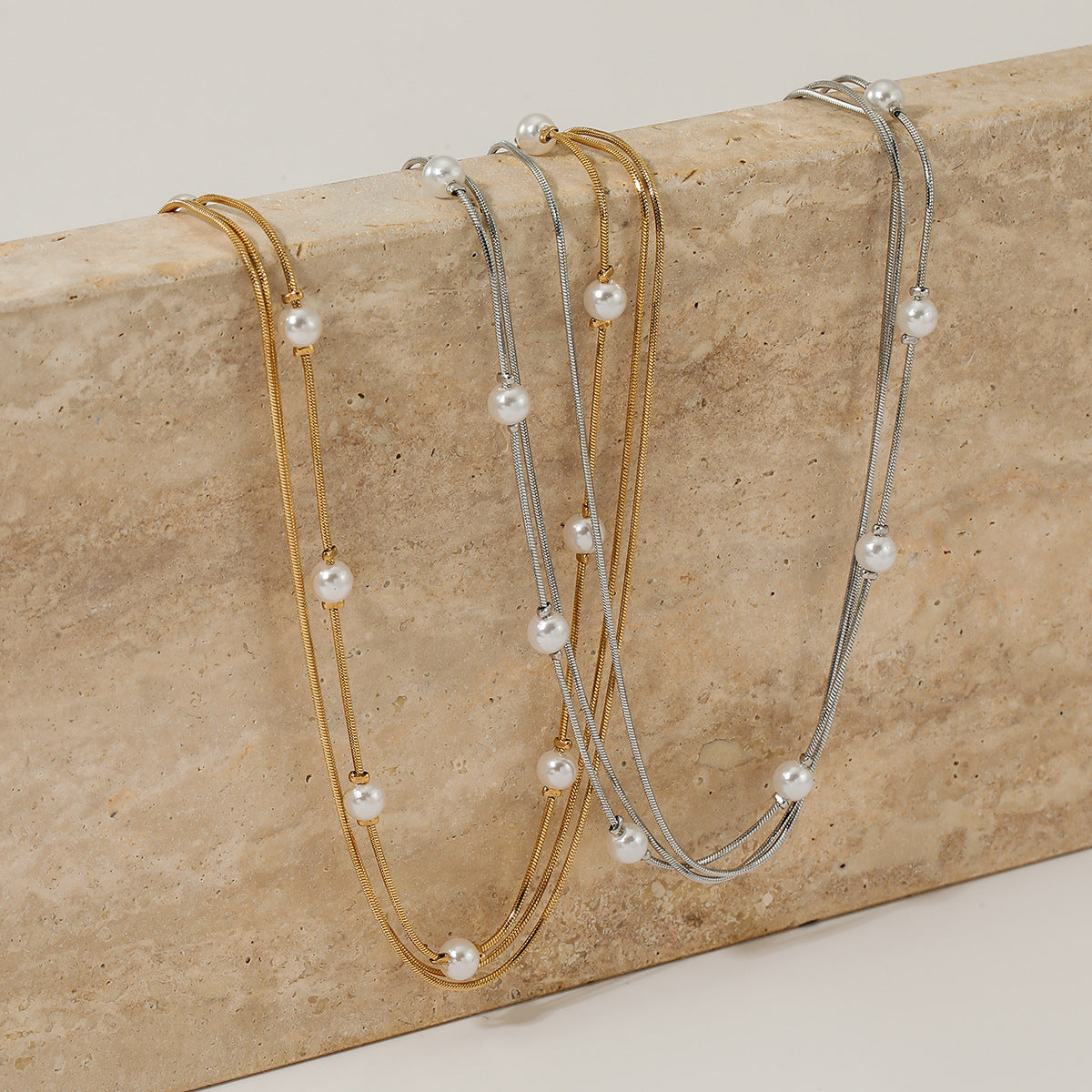 Wholesale  Stainless steel three layer pearl square snake chain necklace