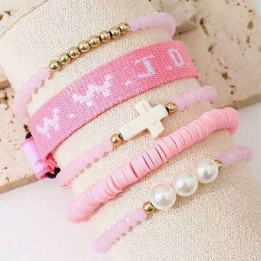 Wholesale Pink 5-piece Cross Women' s Fashion Personality Elastic Bracelet Set