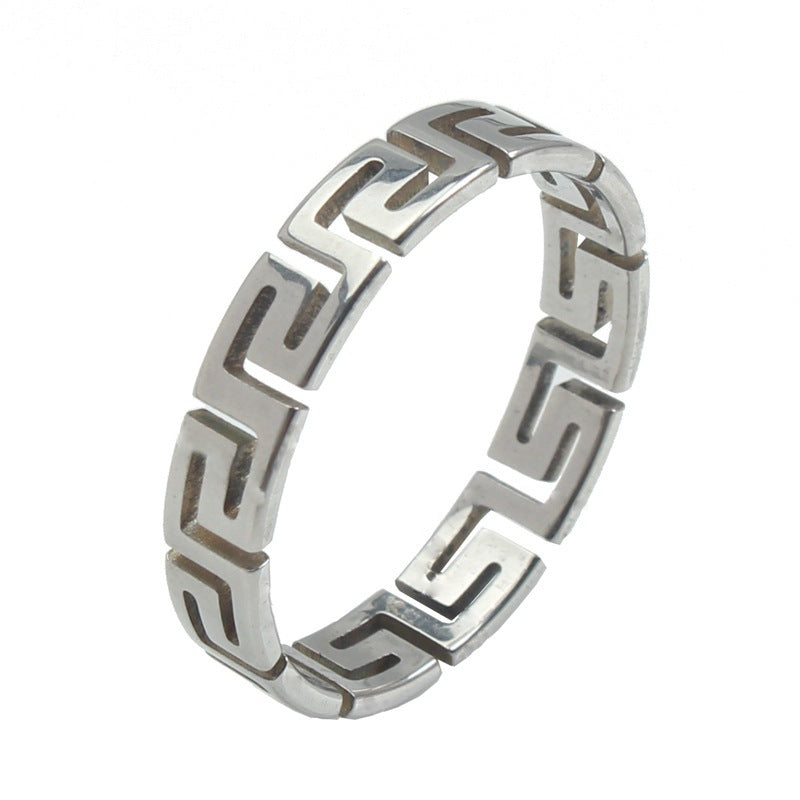 Wholesale simple hollow Great Wall pattern titanium steel ring
