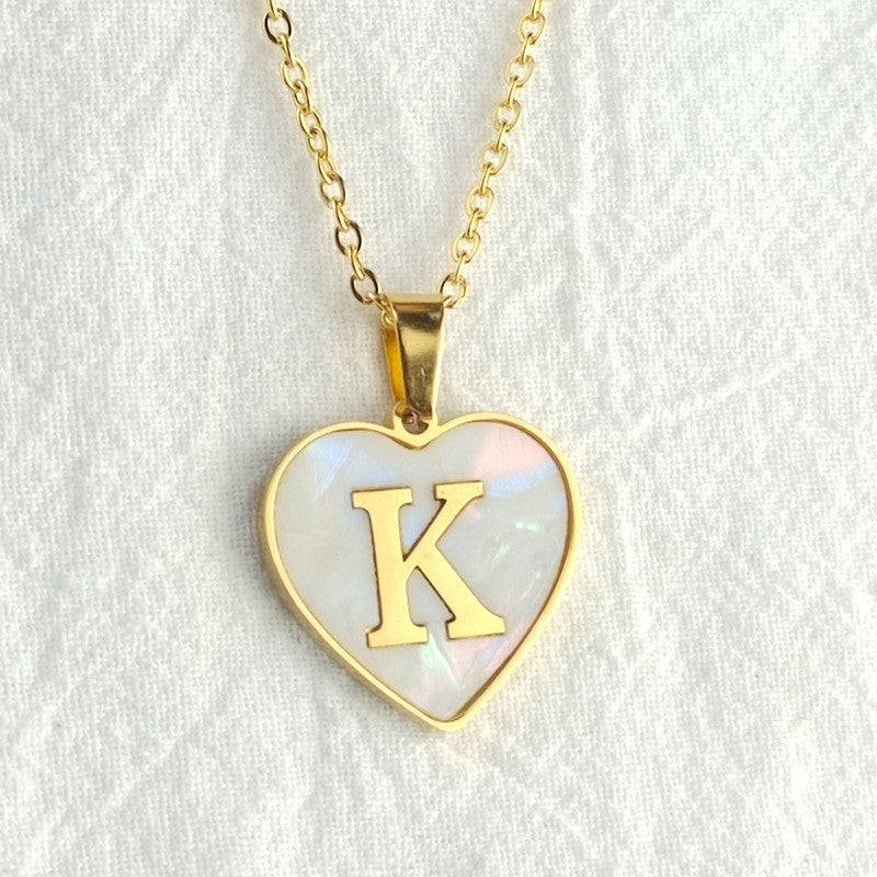 Wholesale 26 English Letters Heart Inlaid Shell Titanium Steel Necklace ACC-NE-DingChao002