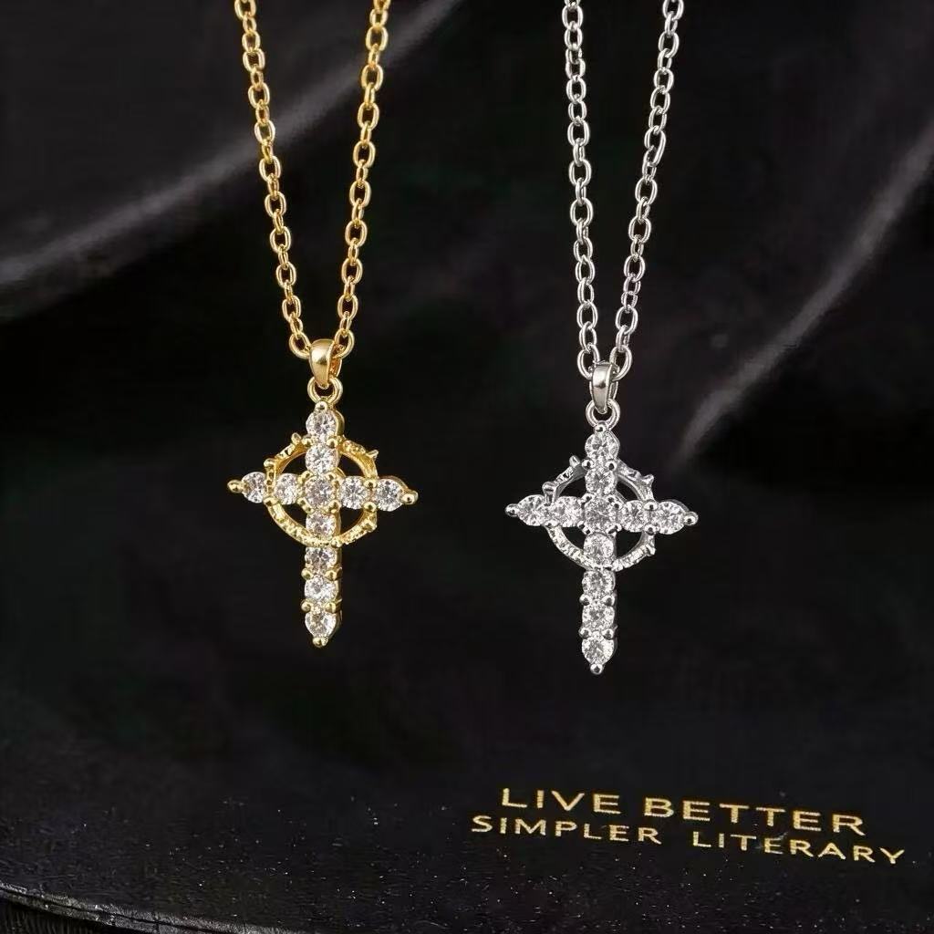 Wholesale Gold Plated Copper Zircon Rotatable Crown Cross Pendant Necklace Fashion Jewelry Accessory Boutique Resale Gift For Women