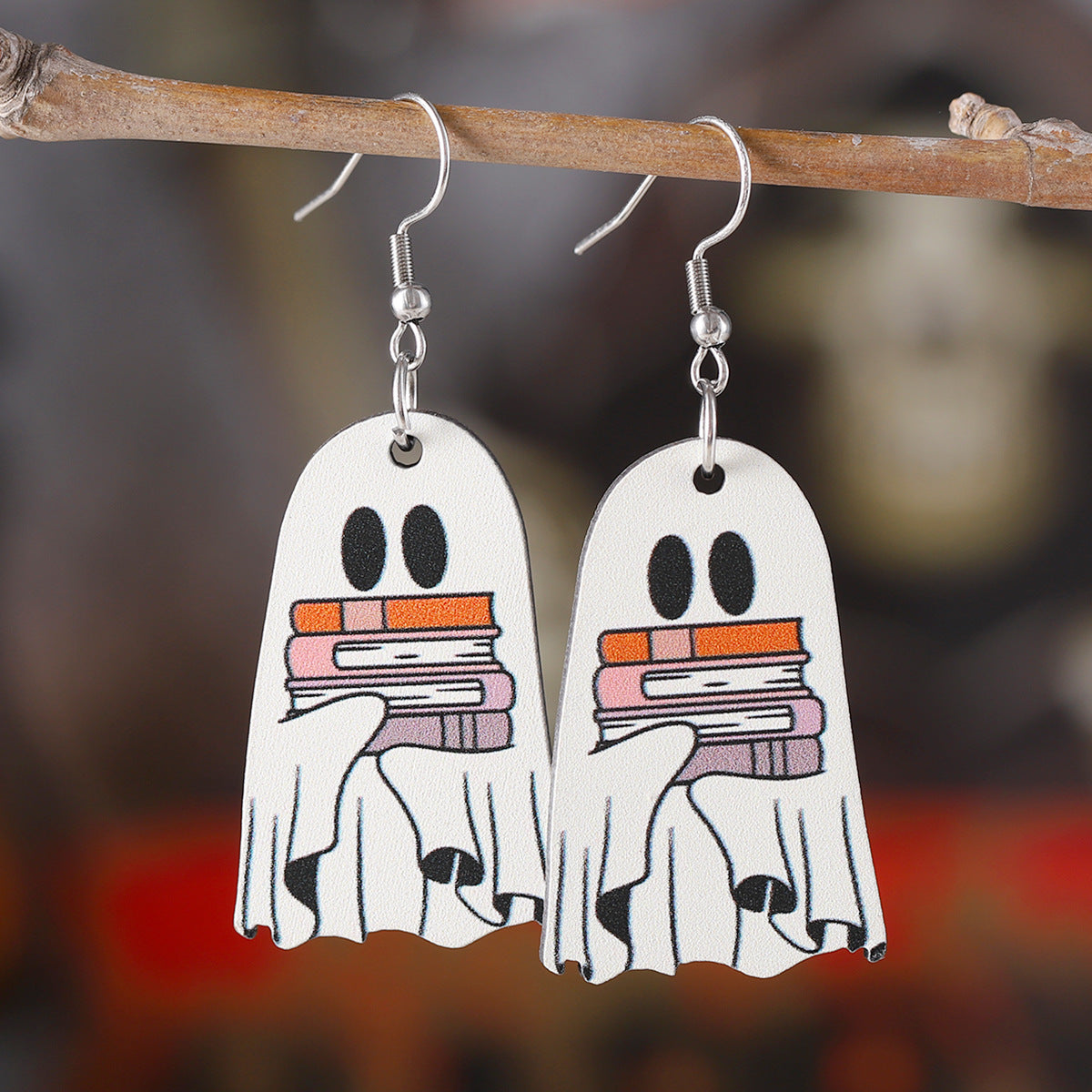 Wholesale  Halloween Book Ghost Earrings Wooden Gothic Style Double Sided Earrings
