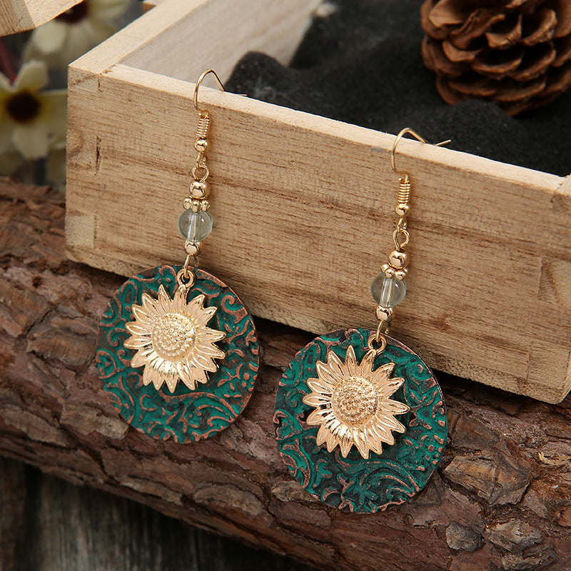 Wholesale Retro Bohemian Double-Layer Sunflower Earrings,  Alloy Electroplated Jewelry Accessory for Boutique Resale