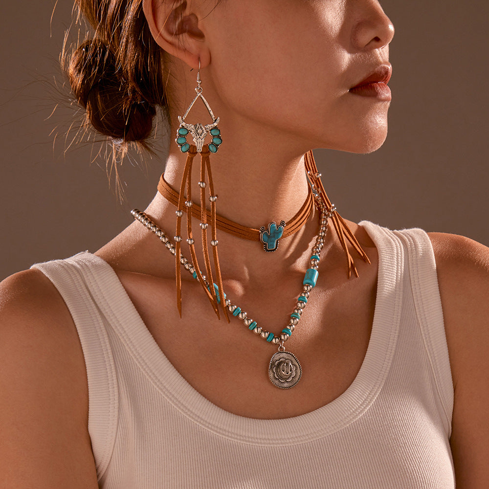 Wholesale Vintage Western Cowboy Cactus Turquoise Earrings and Clavicle Necklace Set