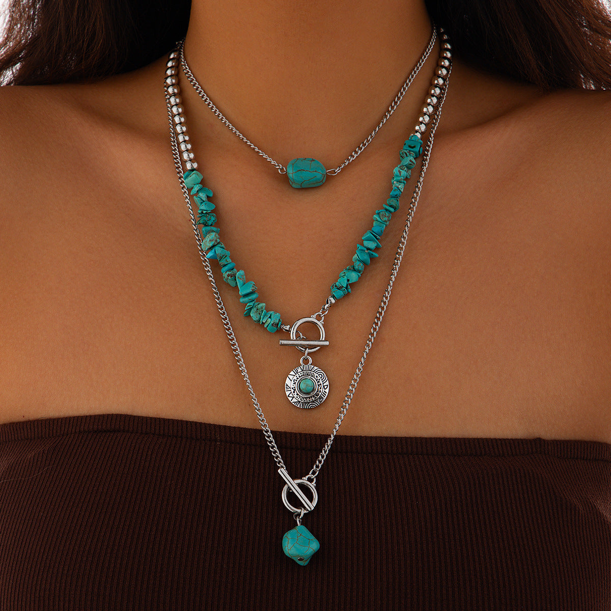 Wholesale Retro Bohemian Multi-Layer Necklace with Turquoise Color,  Iron Electroplating,  Fashion Accessory for Women