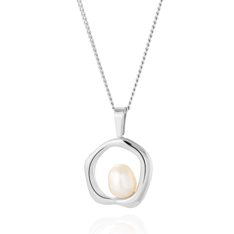 Wholesale Irregular Ring Pearl Pendant Titanium Steel Necklace