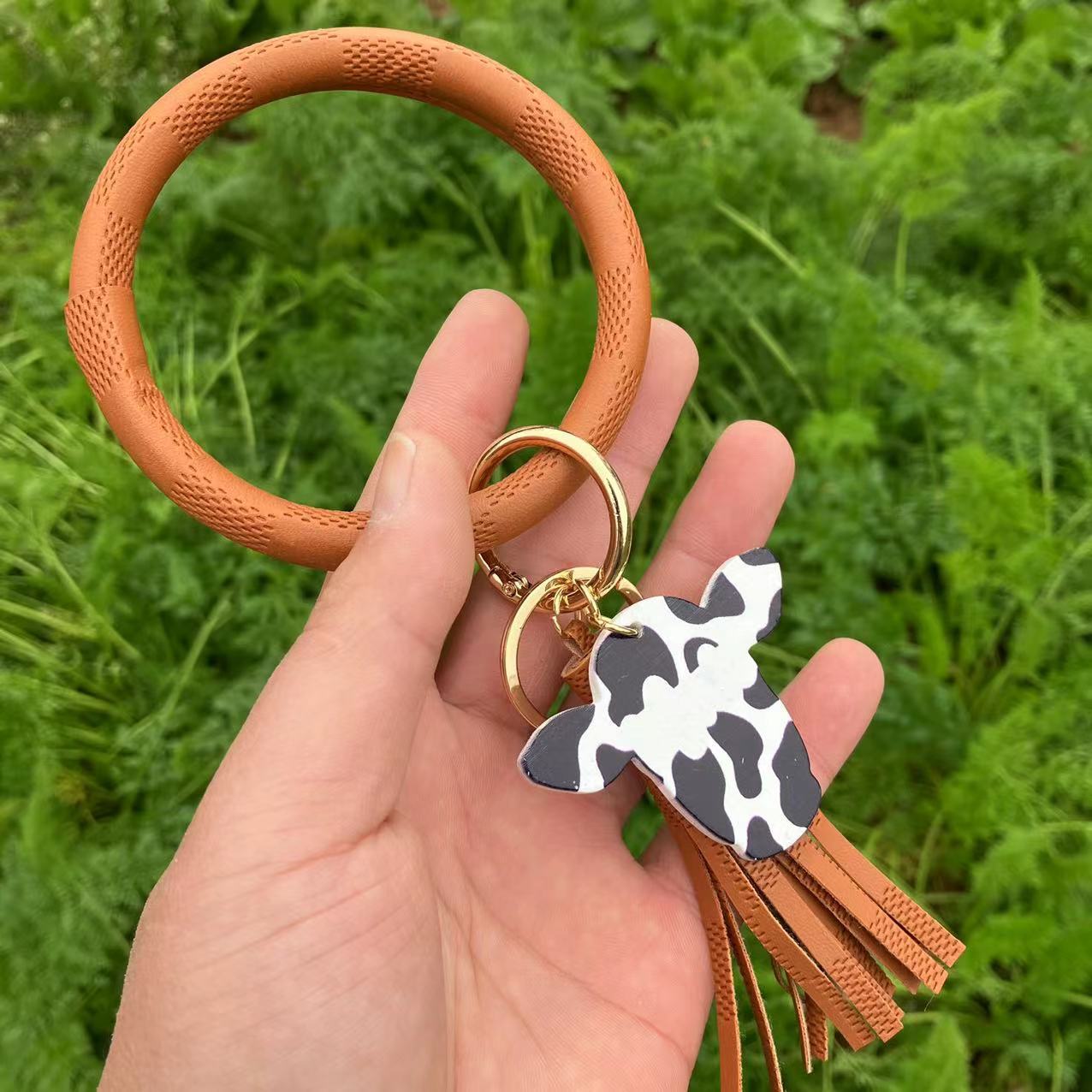 Wholesale Western Style Leopard Print Cow Print Cactus Leather Wristlet Keychain ACC-KC-QiuXue003